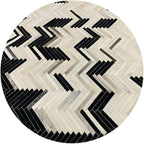 Round Cowhide Faux Leather Area Rug 7×7 ft – Black & White Modern Chevron Pattern Low Pile Carpet with Non-Slip Wool Backing, Soft Durable Living Room & Bedroom Accent Rug