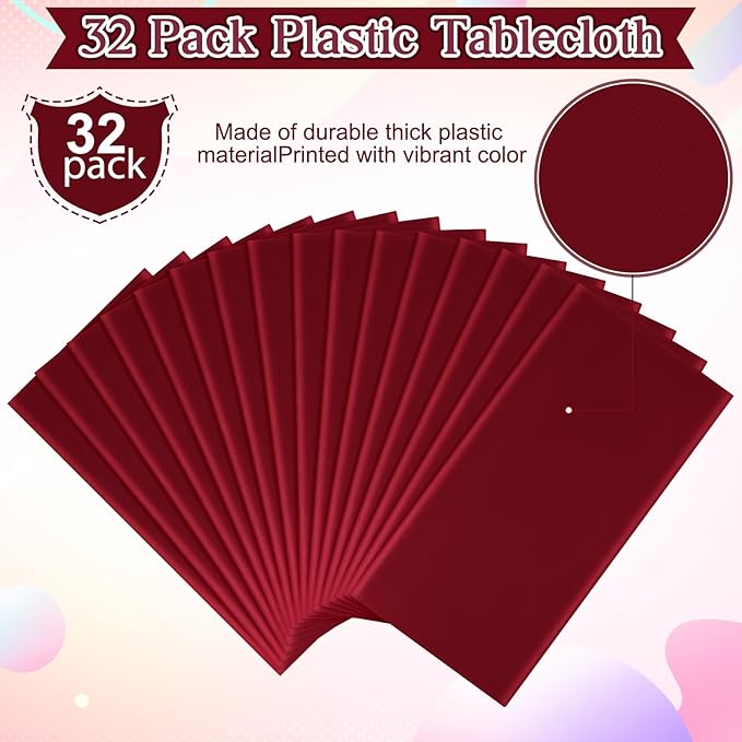 32 Pack Maroon Plastic Tablecloth for Rectangle Tables, Premium Decorative Burgundy Disposable Table Cloths for Parties, Rectangle Party Table Cover for Birthday Anniversary Graduation, 54x108 Inch