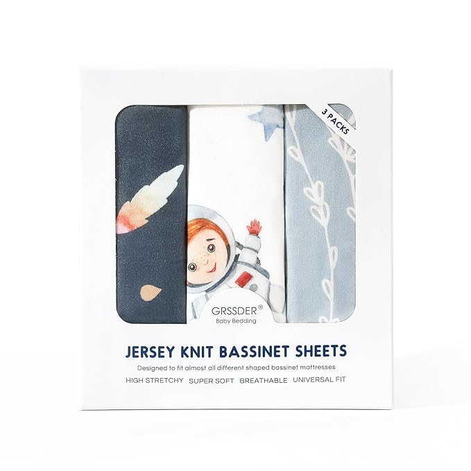 GRSSDER Stretchy Ultra Soft Fitted Bassinet Sheets 3 Pack, Universal Fit for Baby Cradle Moses Basket Oval Rectangle Mattress Safe and Snug, Space Print