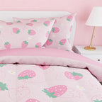 SANDJEST Strawberry Comforter Set Full Size 98x86in for Kids Girls, Microfiber 4 Pcs Bedding Set Includes 1 Comforter, 2 Pillowcases, 1 Fitted Sheet, Nursery Room Decor