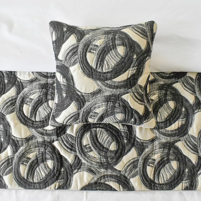 The HomeCentric King/Queen/Twin Black Decorative Twin 53"x18" Bed Runner with 2 Pillow Cover, Circle, Rings, Quilted Bed Scarf on Jacquard Fabric - Circlewise