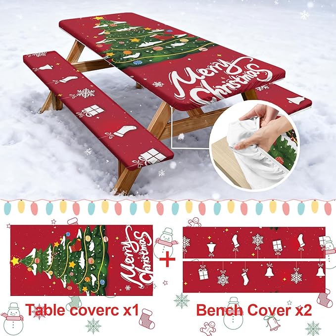 Picnic Table Cover with Bench Covers Set of 3, Elastic Fitted Tablecloth for 6 Foot Tables, Washable Polyester Tablecloths for Camping, Indoor & Outdoor