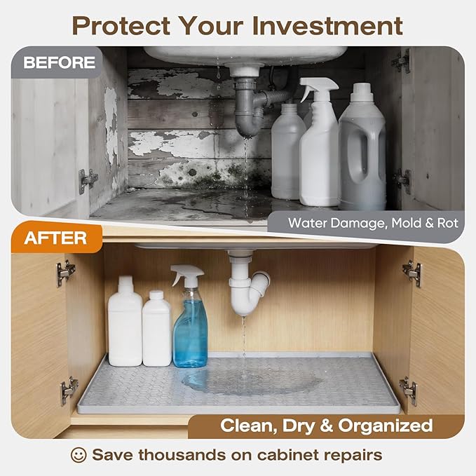 TRZZ Silicone Waterproof Under Sink Mat 34" x 22", Drip Tray and Cabinet Liner for Kitchen and Bathroom, Prevents Water Damage and Organizes Cabinets (Khaki)