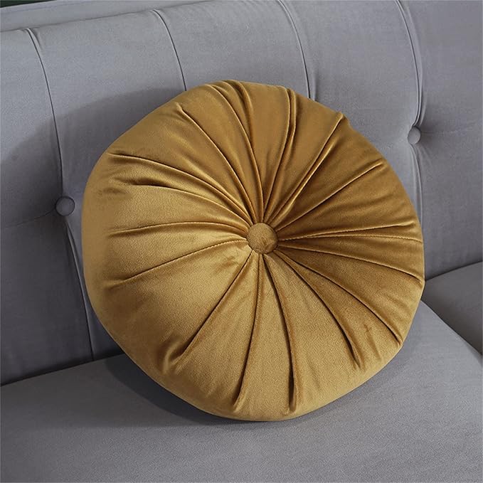 Round Throw Pillow Velvet Pumpkin Pleated Meditation Pillow Solid Color Home Decorative Throw Pillow Floor Cushion for Sofa Chair Living Room Decoration (Yellow)