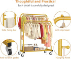Laiensia Double Rods Garment Rack with Wheels, Clothing Rack for Hanging Clothes,4 Hooks, Multi-functional Bedroom Clothes Rack, Gold