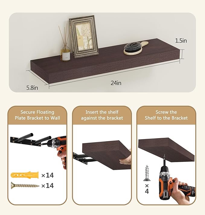 Vervida® Shelves for Wall Storage for Bathroom, Bedroom, Living Room, Kitchen, Hanging Shelf for Books/Storage/Room Decor with 32 Lbs Capacity Floating Wall Shelves (Brown, Set of 3, 24" W x 5.8" D)