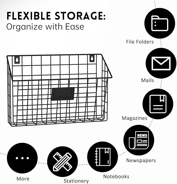 X-cosrack 4-Tier Hanging Wall File Holder Vertical Wall Mount Metal Wall File Organizer with Tag Slot Document Magazine Rack Mail Organizer for Office Home, Black