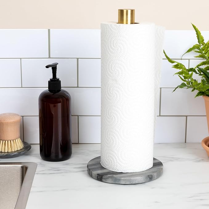 Modern Marble Paper Towel Holder with Brass Detail, Grey