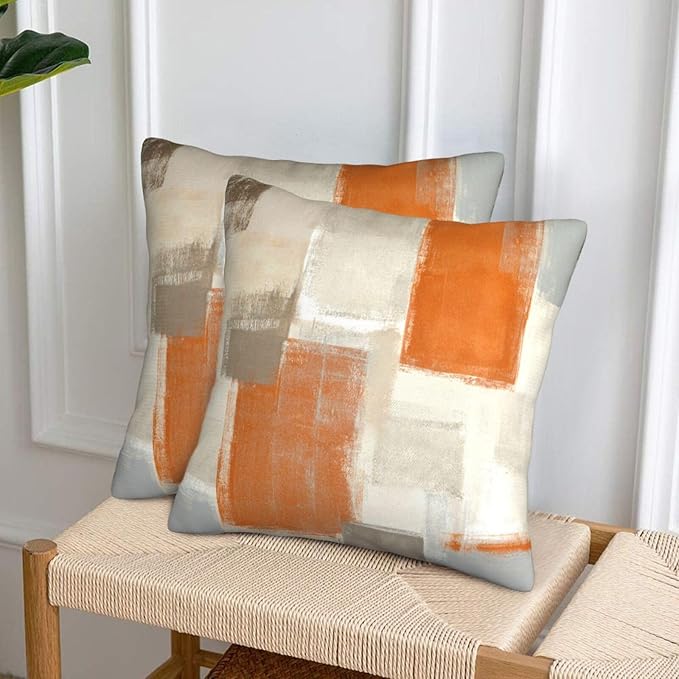 bassyil Orange Grey Abstract Art Painting Throw Pillow Covers Decorative Linen Pillow Cases Set of 2 Square Cushion Cover for Couch Sofa Bedroom Patio 18x18 Inch
