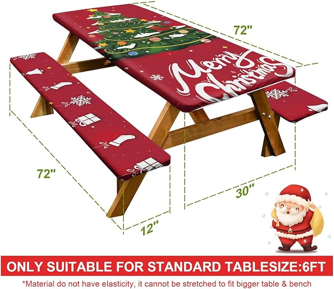 Picnic Table Cover with Bench Covers Set of 3, Elastic Fitted Tablecloth for 6 Foot Tables, Washable Polyester Tablecloths for Camping, Indoor & Outdoor