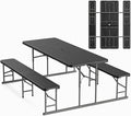 VINGLI Folding Picnic Table and Bench Set, Portable Outdoor Dining Furniture for Camping, Patio, Backyard, Wood Grain Plastic Top with Metal Frame with Kaqi Umbrella