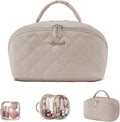 LOVEVOOK Travel Makeup Bag for Women, 2Pcs Puffer Waterproof Cosmetic Organizer, Large Capacity Pouch Open Flat Small Toiletry Bag with Brush Compartment & Handle (Light khaki, Large)