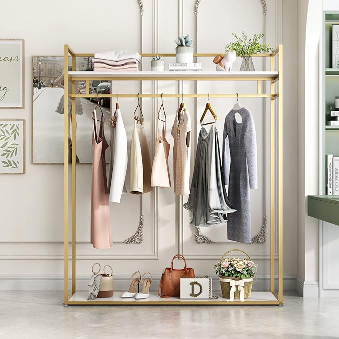 Heavy Duty Gold Clothing Rack with Shelves for Hanging Clothing, Gold Metal Freestanding Garment Rack for Retail Display (59" L)