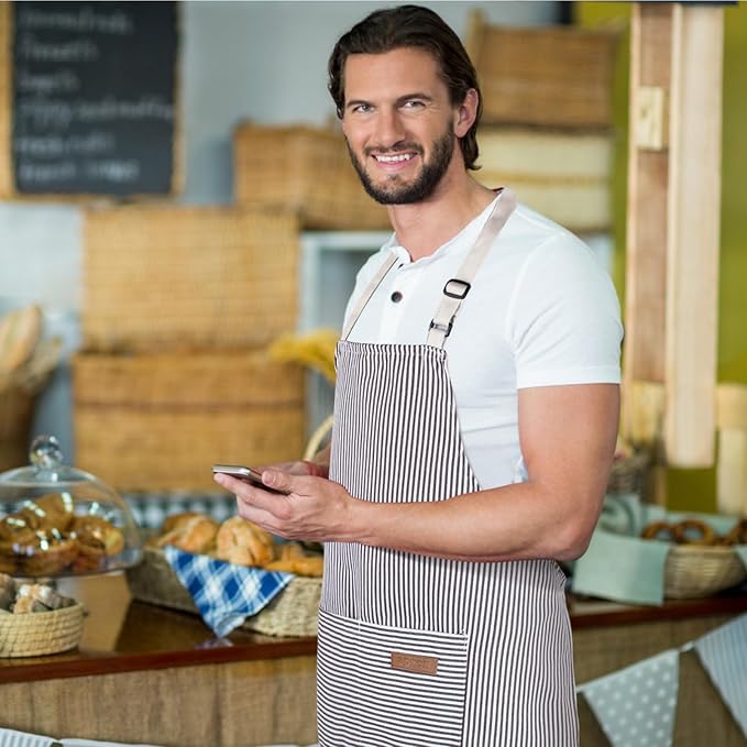 Handepo 4 Pcs Kitchen Aprons with Pockets Adjustable Waterproof Cotton Aprons Striped Apron for Women Men Chef Mother Gift
