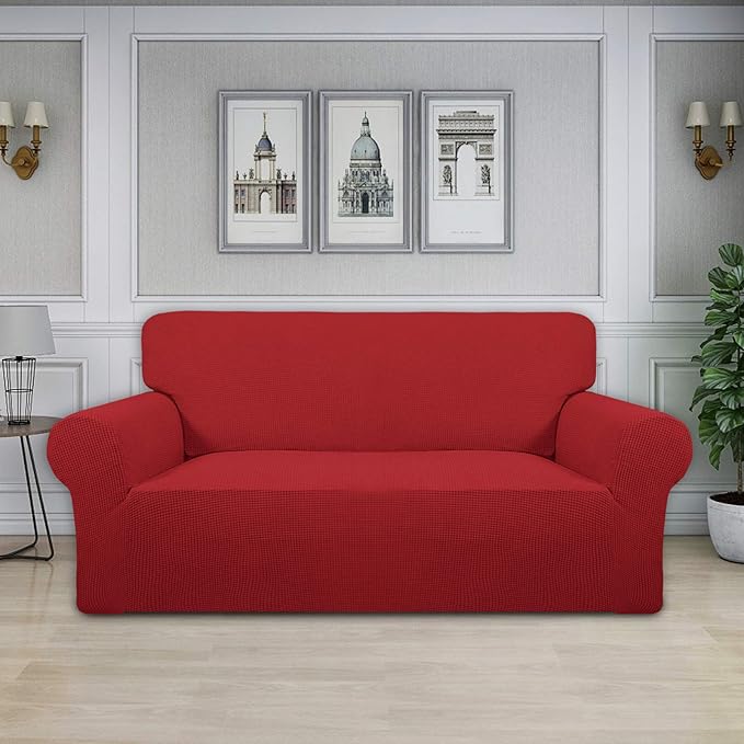 Easy-Going Stretch Oversized Loveseat Slipcover 1-Piece Sofa Cover Furniture Protector Couch Soft with Elastic Bottom for Kids Polyester Spandex Jacquard Fabric Small Checks Christmas Red