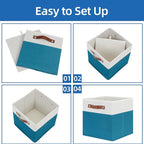 Temary Storage Cube Bins 11 Cube Storage Bins Storage Baskets for Closet, Shelves 4 Pack Fabric Organizer Bins with Leather Handles(White&Teal)