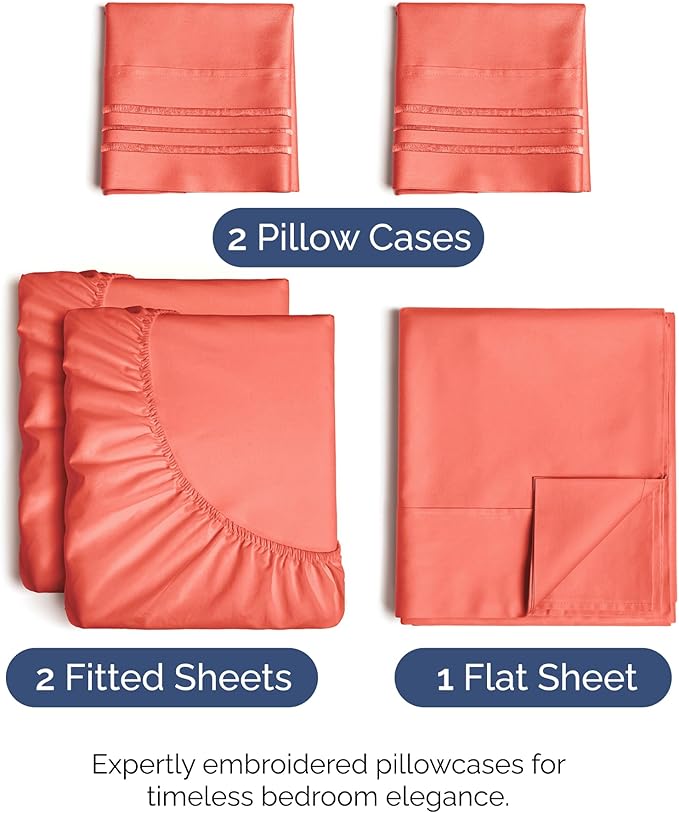 Split King Size 5 Piece Sheet Set - Comfy Breathable & Cooling Bed Sheets Set - Hotel Luxury Bedding for Women, Men, Kids, Teens, Boys & Girls - Deep Pockets, Soft and Wrinkle Free - Oeko-Tex - Coral