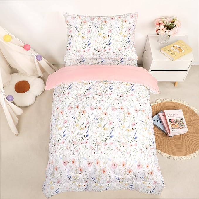Toddler Bedding Set for Girls, 4 Piece Floral Toddler Comforter Set, Ultra Soft Baby Girl Crib Bed Bedding Includes Quilted Comforter, Flat Sheet, Fitted Sheet, Pillowcases, Pink Flower