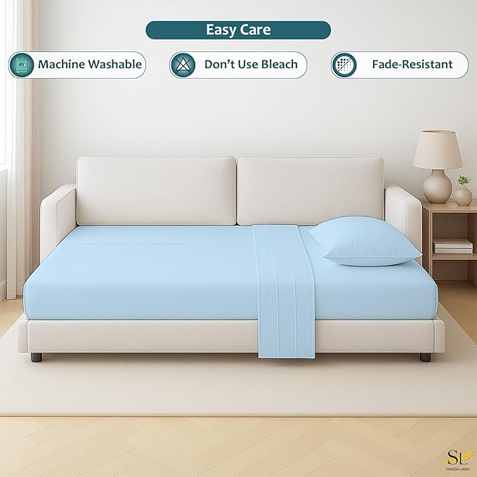 Luxury Queen Sleeper Sofa Bed Sheet Set,100% Egyptian Cotton, 338 Thread Count, Queen Size (60 x74 +6 Inch Deep Pocket) Soft and Light Weight 4pcs Sofa Set (Light Blue Solid)