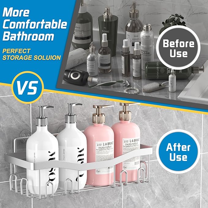 Youvip Adhesive Shower Caddy, No Drilling Bath Organizers 5 Pack, Rustproof Shelves with Soap Holder & Toothbrush Holder, Bathroom Organizers and Storage, Silver