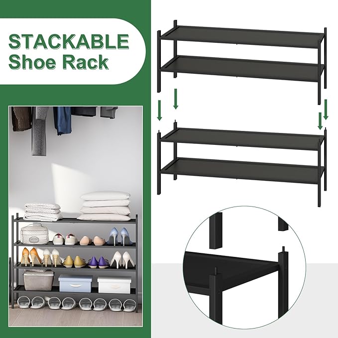 kiplant Black Shoe Rack, 4-Tier Bamboo Wood Shoe Rack, Stackable Bamboo Wood Shoe Shelf for Closet, Entryway & Hallway