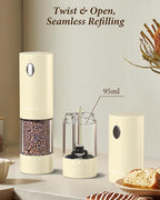 Electric Salt and Pepper Grinder Set - Automatic Refillable Salt and Pepper Grinders with Charging Base & LED Light, 6-Level Adjustable Coarseness with External Dial, Ideal Kitchen Gadget，Beige