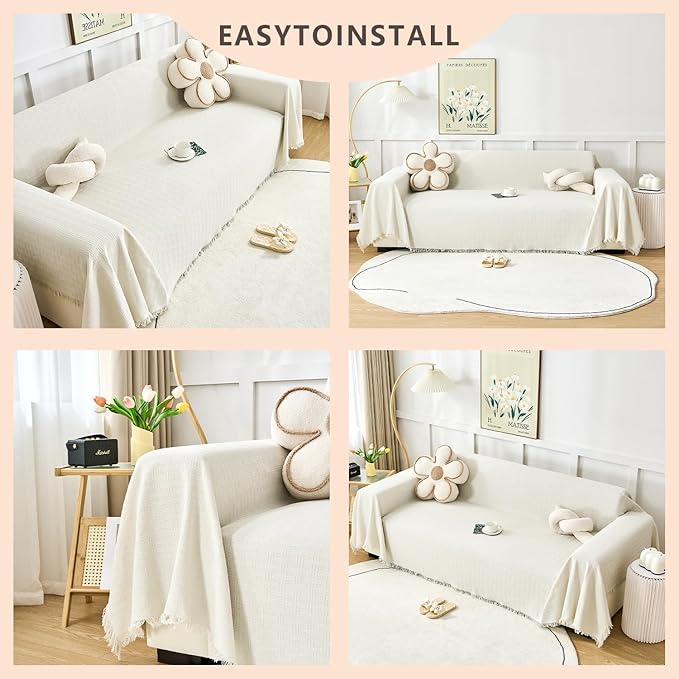 White Couch Cover Blanket Cute Geometrical Jacquard Washable Sofa Cover for Extra Large Furniture for 3 Cushion Sofa L Shaped Sectional Couch Blanket 71"x 134"