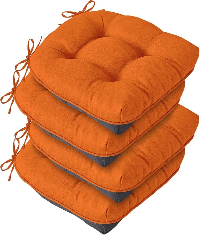 Chair Cushions for Dining Chairs, Seat Cushions for Kitchen Chairs, Indoor Seat Cushions with Ties, Tufted Foam Chair Pads, Non Slip Chair Cushions Set of 4, 15.5" x 15.5" x 4", Orange