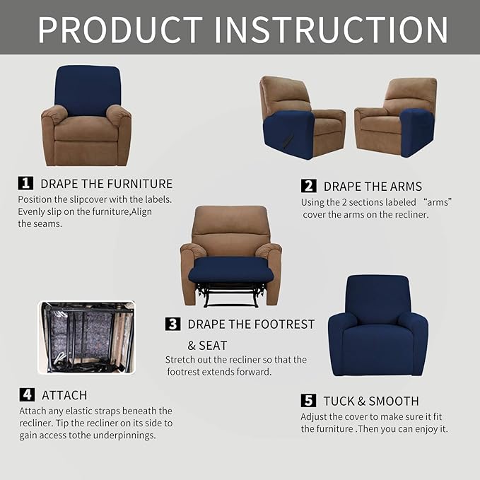 Easy-Going 4 Pieces Oversized Recliner Stretch Sofa Slipcover Sofa Cover Furniture Protector Couch Soft with Elastic Bottom Polyester Spandex Jacquard Fabric Small Checks Navy, X-Large