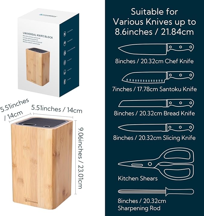Deluxe Universal Knife Block with Slots for Scissors and Sharpening Rod - Bamboo Knife Holder For Safe, Space Saver Knives Storage - Unique Slot Design to Protect Blades - by KITCHENDAO