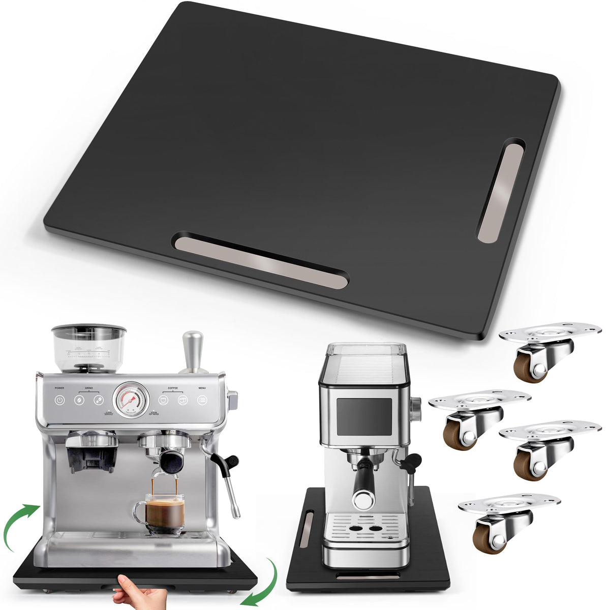 Joy&Grace Appliance Slider for Kitchen Appliances 360° Rolling Sliding Tray for Coffee Maker Countertop, Bamboo Coffee Pot Slider Rolling Tray with Universal Rollers (Black, Medium 14.5" x 10")