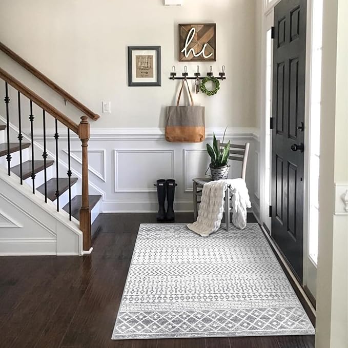 Boho Rug for Bedroom, 3x5 Moroccan Vintage Non-Slip Backing Faux Wool Area Rug, Machine Washable Low-Pile Front Door Mat Kitchen Rugs for Living Room Laundry Dinning Room