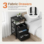 DUMOS Nightstand with Charging Station, Bedside End Table with 3 Fabric Drawers & USB/Type-C Ports and Outlets, Night Stand for Bedroom Furniture, Adjustable Feet and Variable Light Strip, Black