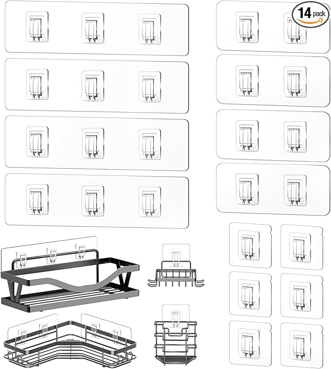14 Pack Shower Caddy Replacement, Strong Hooks, No Drilling Shower Shelf, Hooks for Caddy, Soap Holder and Kitchen Racks
