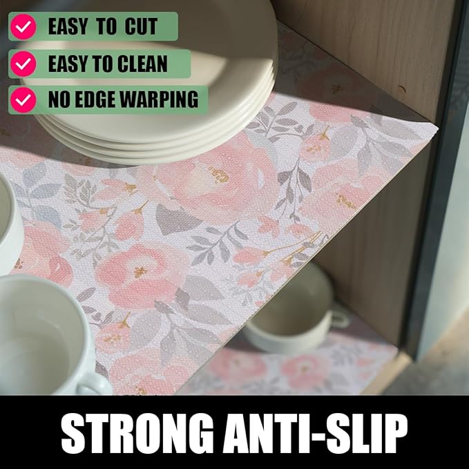 Floral Shelf and Drawer Liner for Kitchen,12IN x 20FT Non-Adhesive and Strong Non-Slip Peony Cabinet Drawer Liners for Kitchen Shelf, Waterproof Cupboard Liners,Easy to Clean