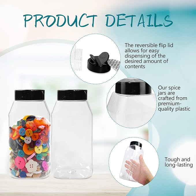 34 Pack 16 oz Plastic Spice Jars with Cap Clear Empty Square Bottle With flip lid Reusable Spice Bottle Large Seasoning Jars Powder Storage Container for Storing Seasoning Powders Supplies