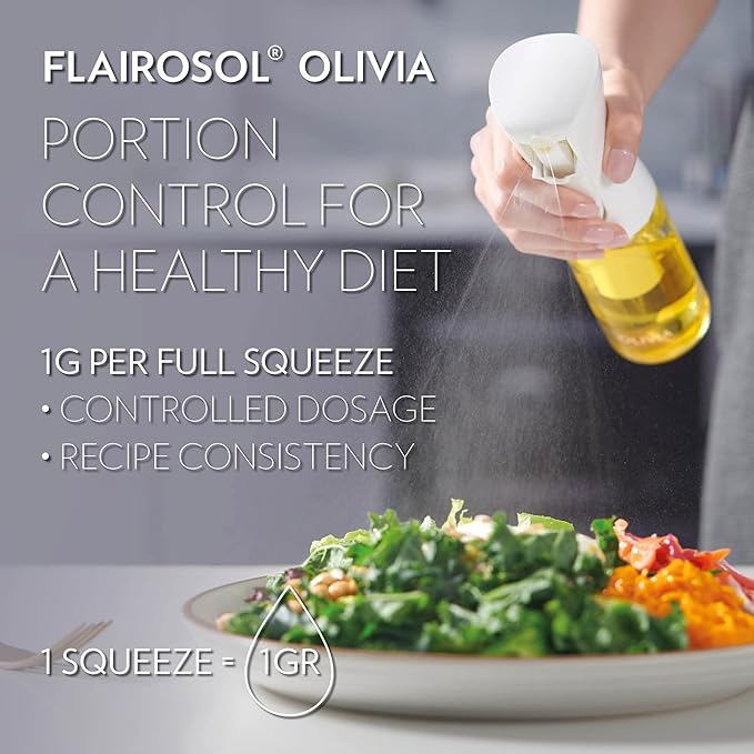 OLIVIA. The Original Advanced Oil Sprayer for Cooking, Salads, BBQs and More, Continuous Spray with Portion Control, Trusted by Chefs. Patented Technology. (Glass Bottle) (White Print)