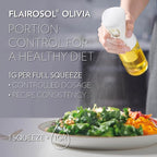 OLIVIA. The Original Advanced Oil Sprayer for Cooking, Salads, BBQs and More, Continuous Spray with Portion Control, Trusted by Chefs. Patented Technology. (Glass Bottle) (White Print)