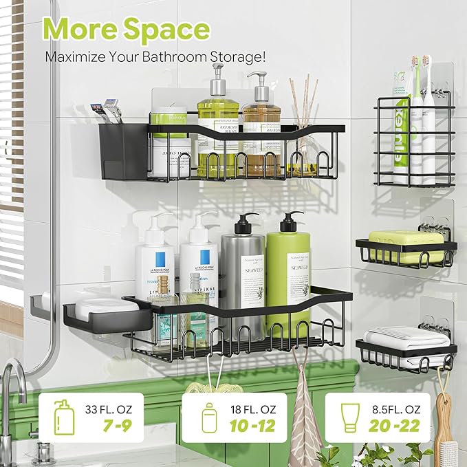 Simple Trending Adhesive Shower Caddy, 5-Pack Large Capacity Shower Shelves with Soap Dish Toothbrush Holder & Hooks, No Drilling Bathroom Organizer and Storage for Home Decor, Black