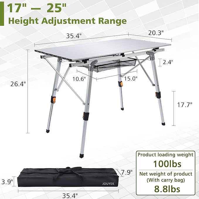 JOUYEK Folding Outdoor Camping Table with Adjustable Legs, Lightweight Aluminum Roll Up Camp Table with Carrying Bag, Mesh Storage Organizer, for Cooking, Picnic, Beach, Backyards, BBQ, Party
