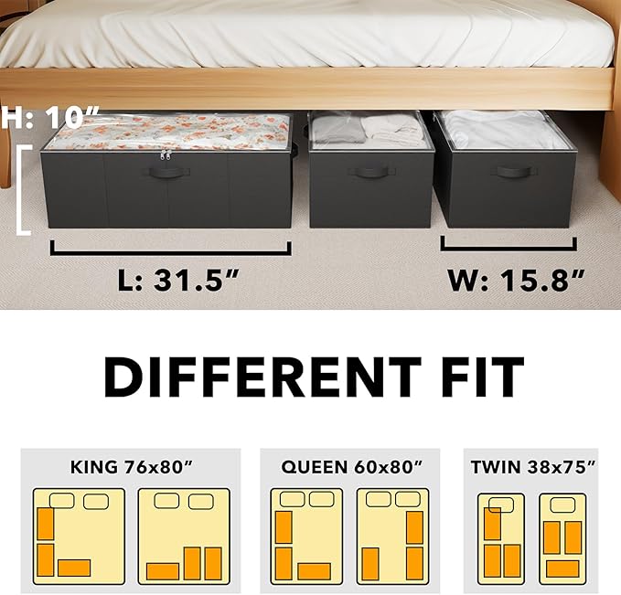 SpaceAid 3 Pack 10" High Under Bed Storage Containers, Large Underbed Storage Organizer Bins with Lids for Bedroom, Dorm, Clothes, Closet Organization, Bed Sheets and Blankets (Black)