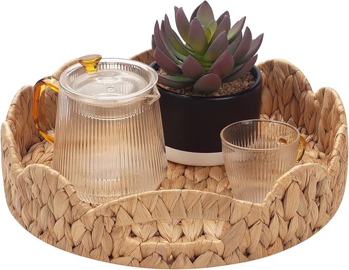 YANGQIHOME Round Serving Tray, 12 inch Decorative Water Hyacinth Scalloped Basket Tray with Built-in Handles, Round Ottoman Trays for Coffee Table for Kitchen and Living Room