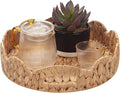 YANGQIHOME Round Serving Tray, 12 inch Decorative Water Hyacinth Scalloped Basket Tray with Built-in Handles, Round Ottoman Trays for Coffee Table for Kitchen and Living Room