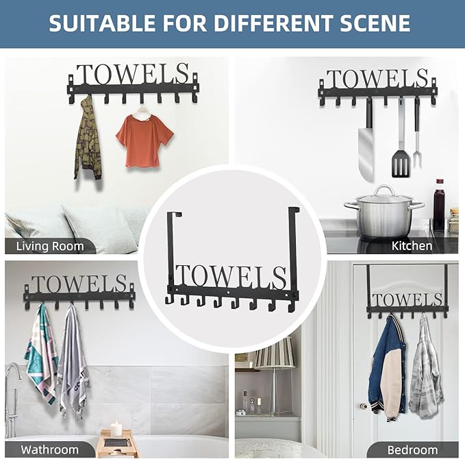Azmoncy Over The Door Hooks, Towel Rack for Bathroom Towel Holder for Hanging Heavy Duty, Wall Mount Towel Hanger with 8 Hooks for Bedroom Bathroom Pool Kitchen Towels, Bag, Coats, Black
