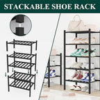 Smiry Small Bamboo Shoe Rack, 5 Tier Free Standing Wooden Shoe Organizer, Stackable Wood Shoe Storage Shelf for Closet, Entryway, 12 Vertical Slats, 2+2+1 Stack Standard Legs, 17.3"x11"x32.5", Black