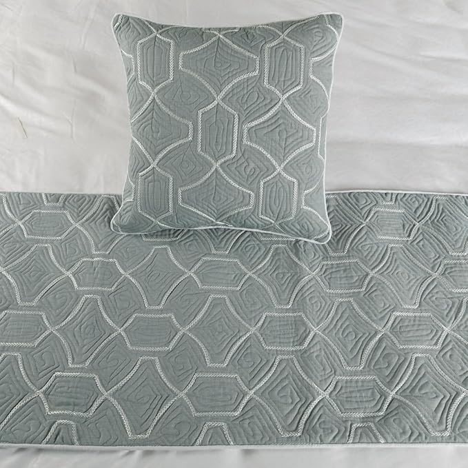 The HomeCentric King Queen Twin Grey Blue Bed Runner with Decorative Throw Pillow Cover, CA King Size 86"x18" Bed Runner with Pillow Cover, Linen Quilted Embroidery, Modern Contemporary - Atmosphere