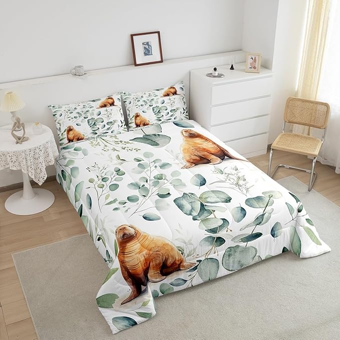 Erosebridal Cartoon Seal Bedding Queen Size Toddler Ocean Wildlife Comforter Set Queen, Spring Plant Duvet Insert Eucalyptus Leaf Quilt Set, Sea Animal Theme Bedding Comforters & Sets Kids Room Decor