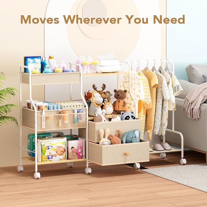 BBLIKE Diaper Caddy Organizer with Hanging Rack - 3 Tier Rolling Utility Cart with Drawers and Dividers for Baby Bottle Storage - Bedside Cart for Changing Station, Crib, Nursery, Bedroom, Beige