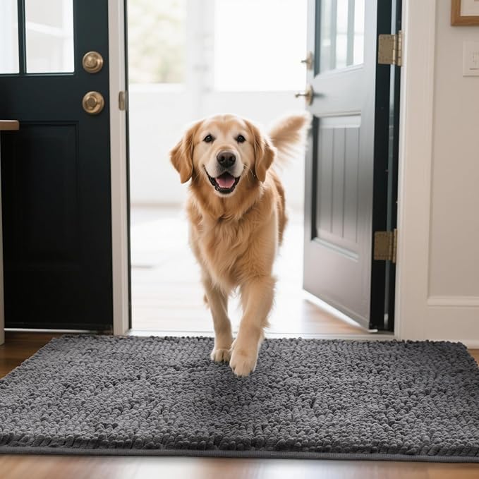 Chenille Absorbent Front Door Mat 60" x 30", Dog Door Mat for Muddy Paws, Dirt Trapper Doormat, Mud Mat for Dogs, Washable Non Slip Outdoor Indoor Doormats for Entryway, Grey