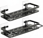 EVALAND Shower Caddy Adhesive 2-Pack with Hooks and Rod for Towels, Black – Premium Bathroom Shower Shelves, Shampoo Organizer, Bathtub Shelf, Rustproof, Easy Installation, Sturdy Modern Look